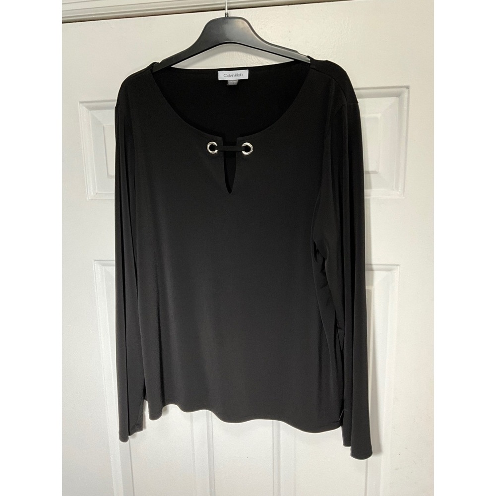 Calvin Klein Womens XL Black Long Sleeve Keyhole Grommet Neck Blouse Top